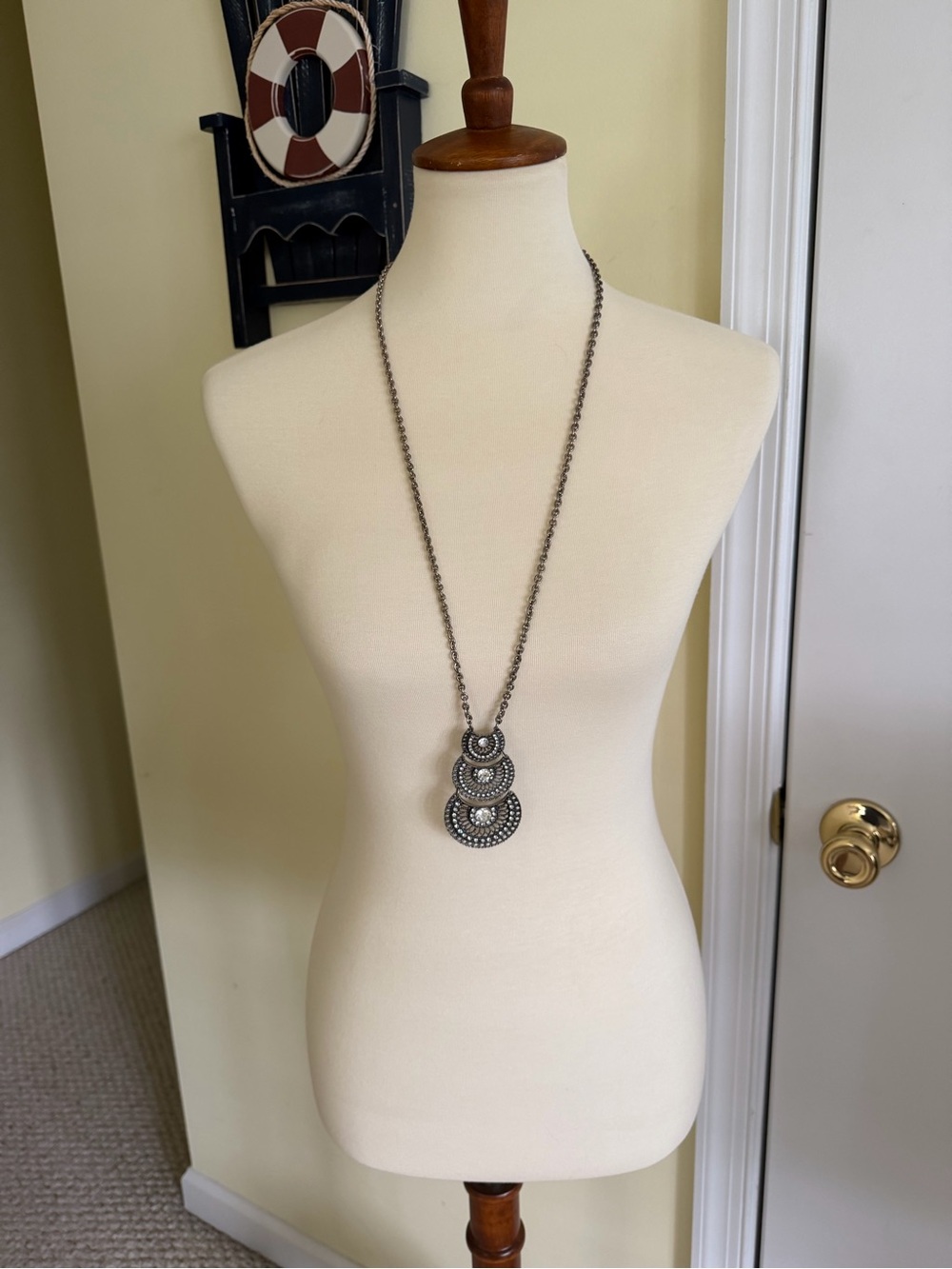 Long Gunmetal Triple Circle Pendant Necklace - Silver-Tone